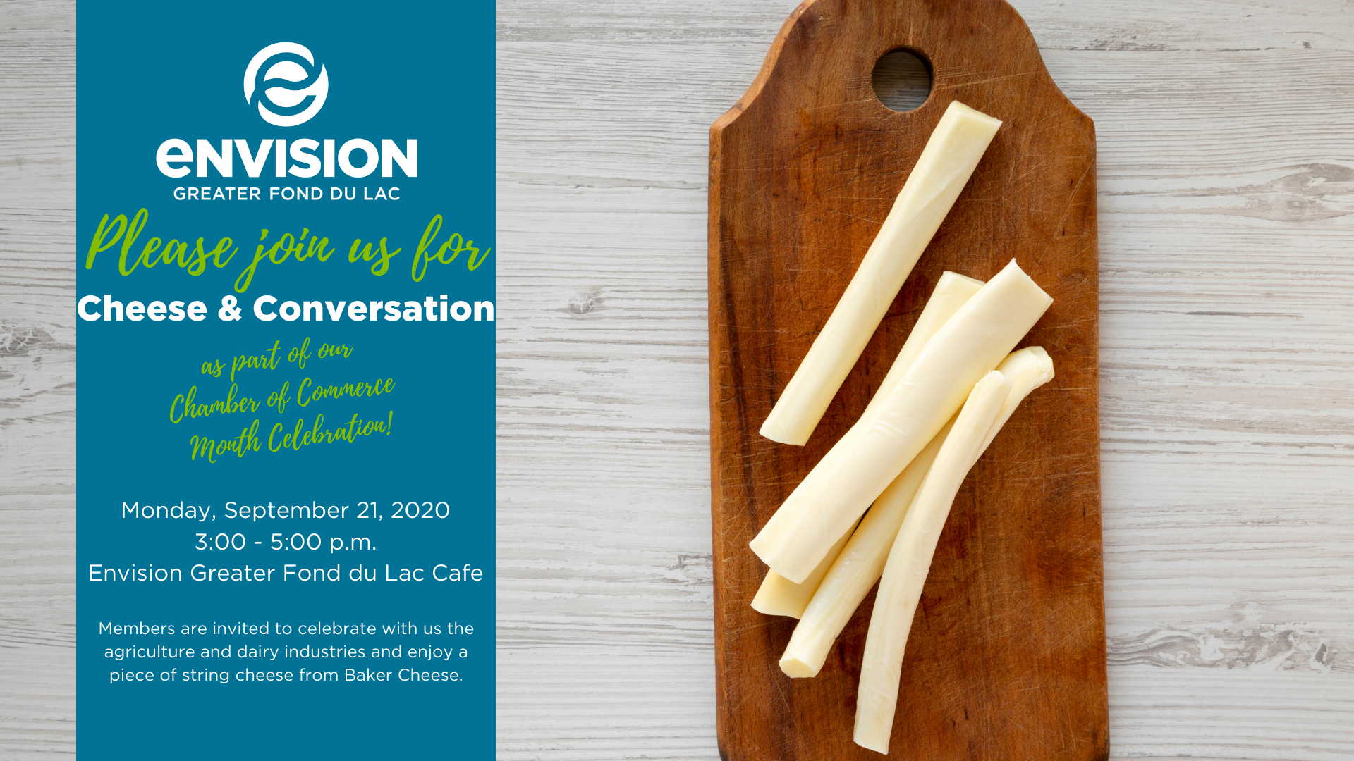 Cutting board with cheese and Envision logo and information
