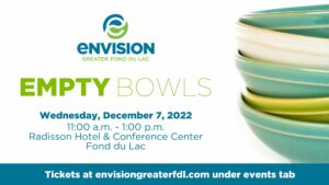 Empty Bowls information with a stack of bowls