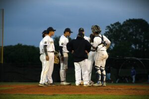 Baseball players on the pitchers mound