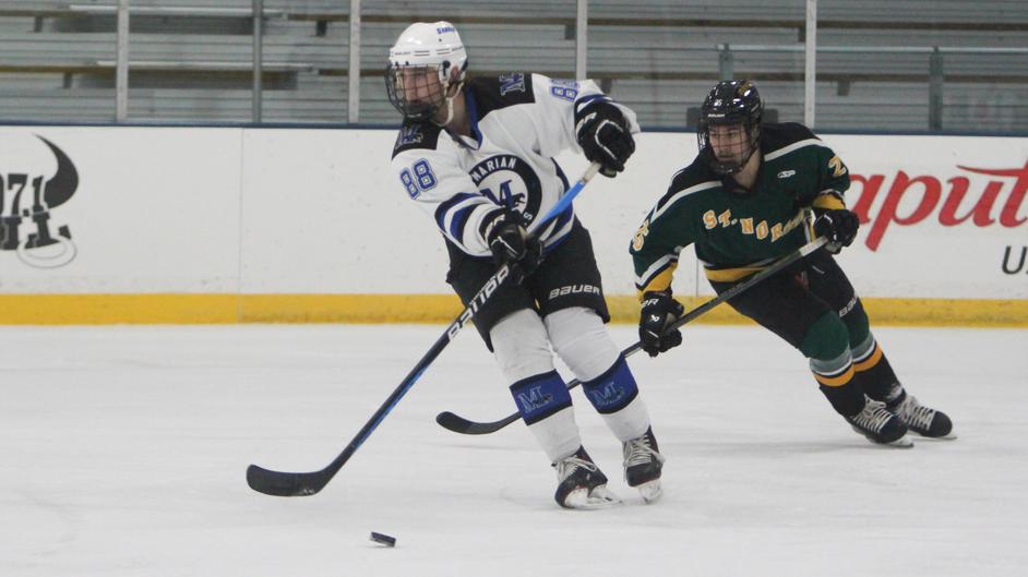 Two men playing hockey