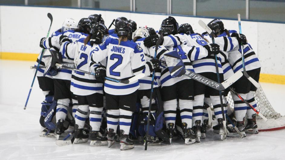 A group of female hockey players in a circle