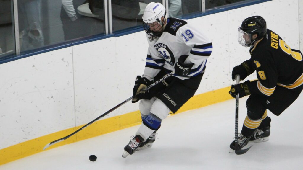 Two men playing hockey