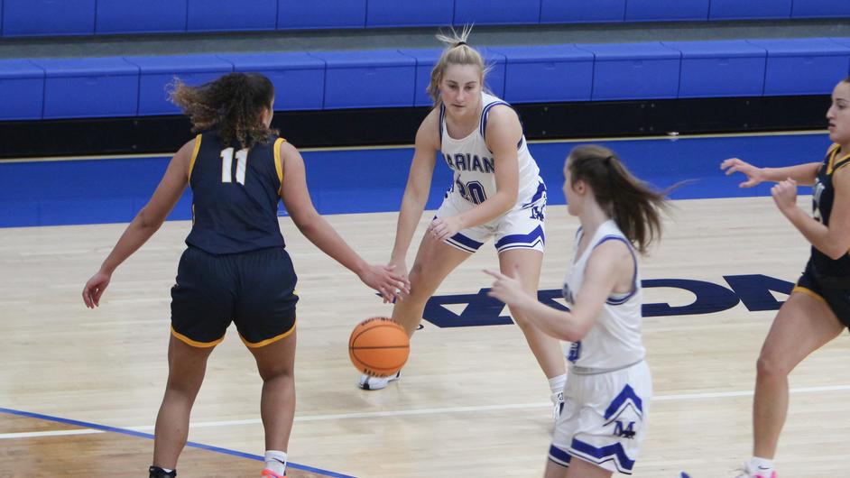 Women playing college basketball