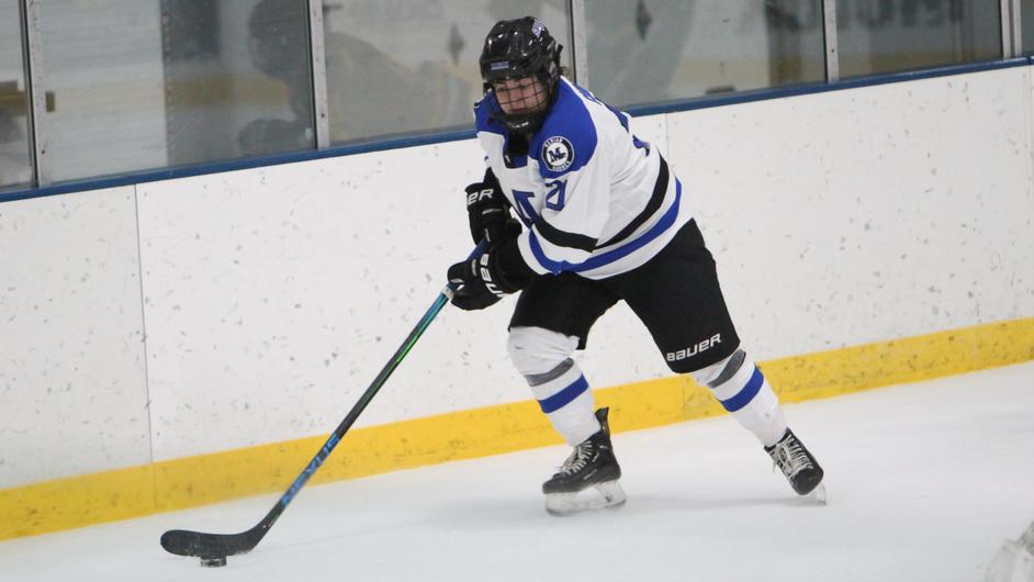 A woman playing college hockey