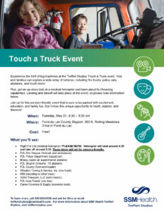 Touch a truck flyer with a picture of two children in a big truck