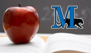 red apple with Marian logo