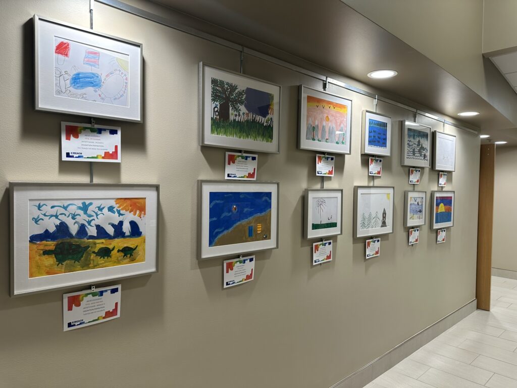 A hallway with art