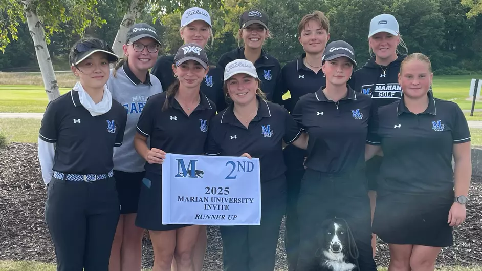 A large group of female college golfers