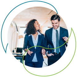 A man and a woman walking and talking