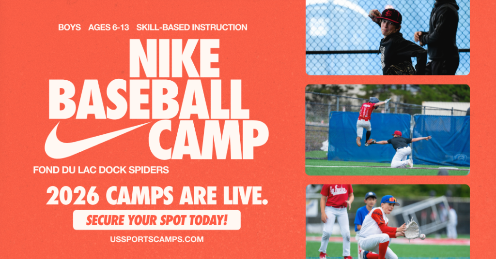 Nike baseball camp with three pictures of kids playing baseball