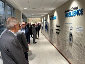 A group of people in a hallway