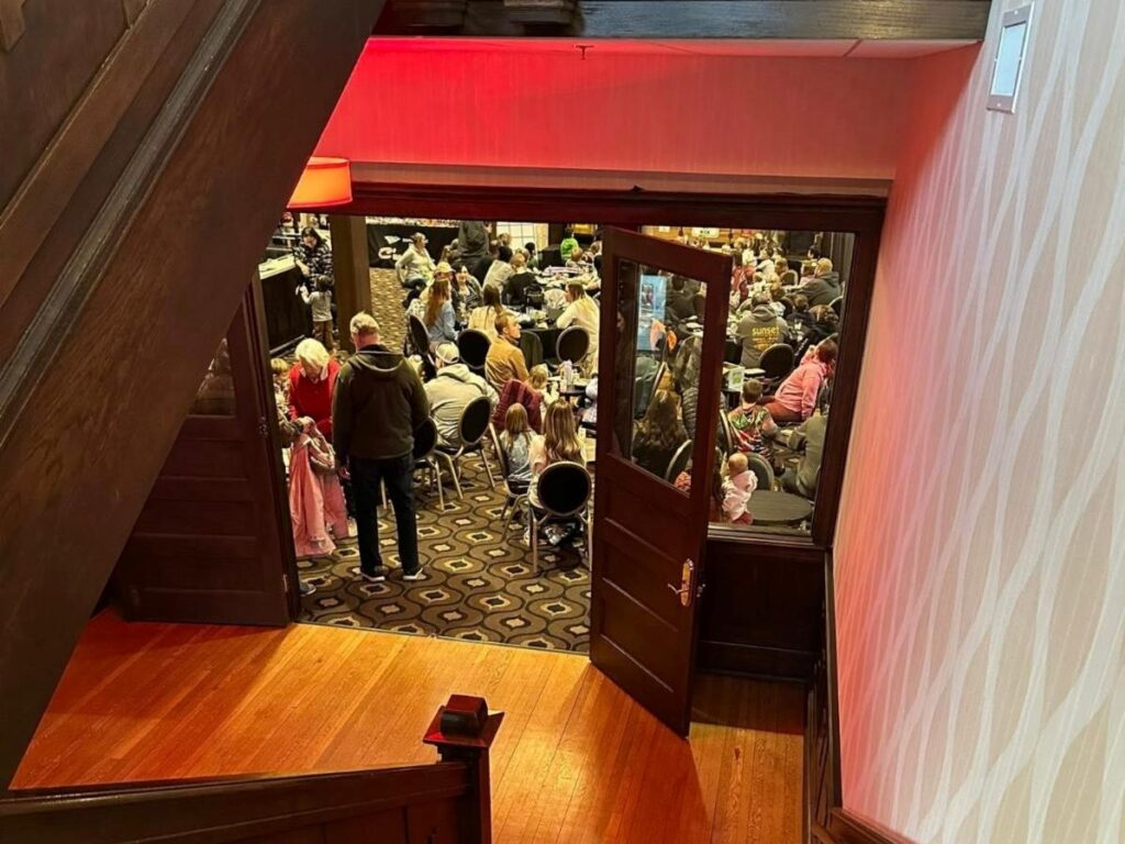 Looking down into a crowded room