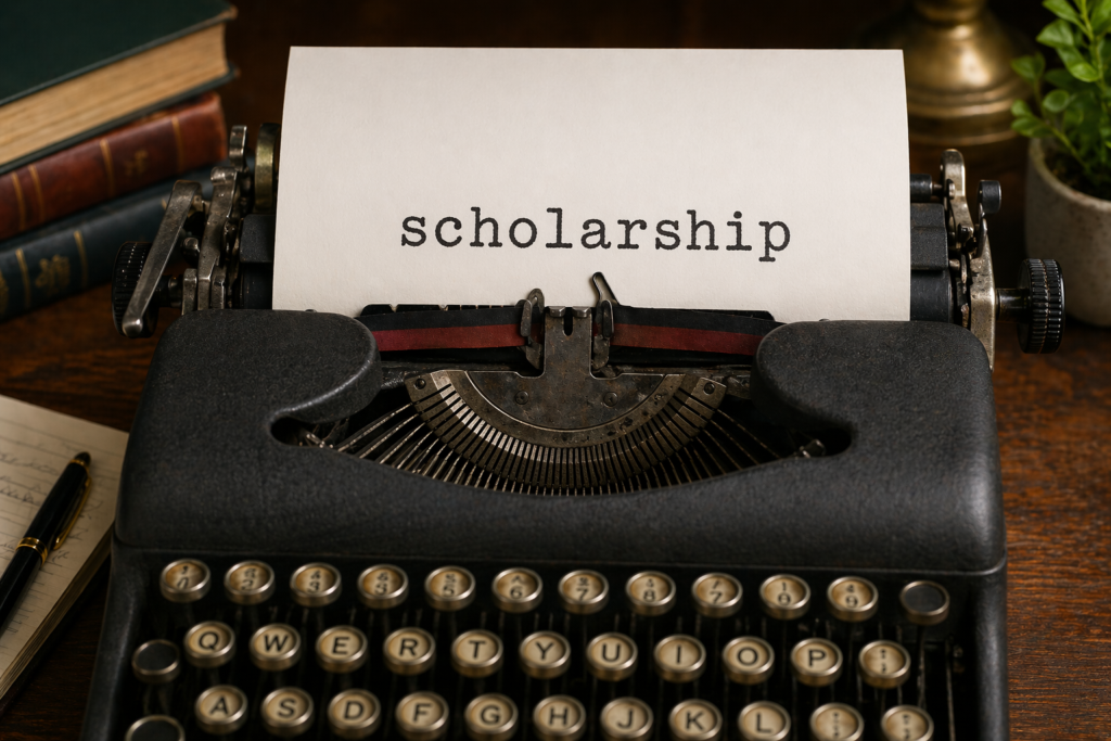 typewriter typing the word scholarship