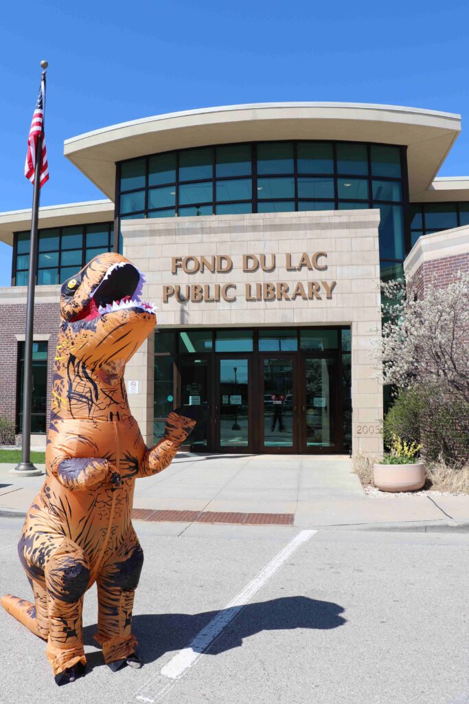 Infated dino outside the public library