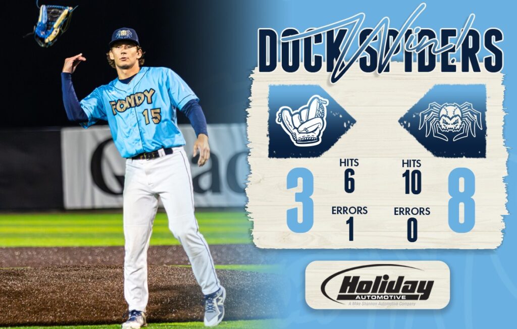 A baseball player throwing his glove with a final score