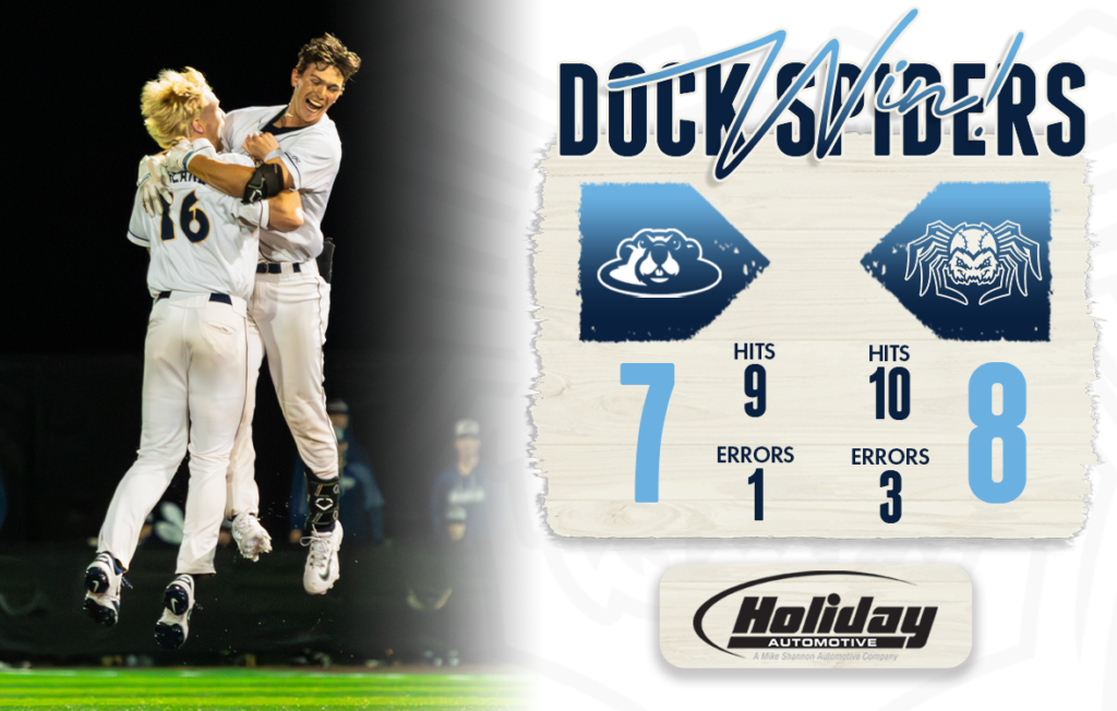 Two baseball players jumping and the final score