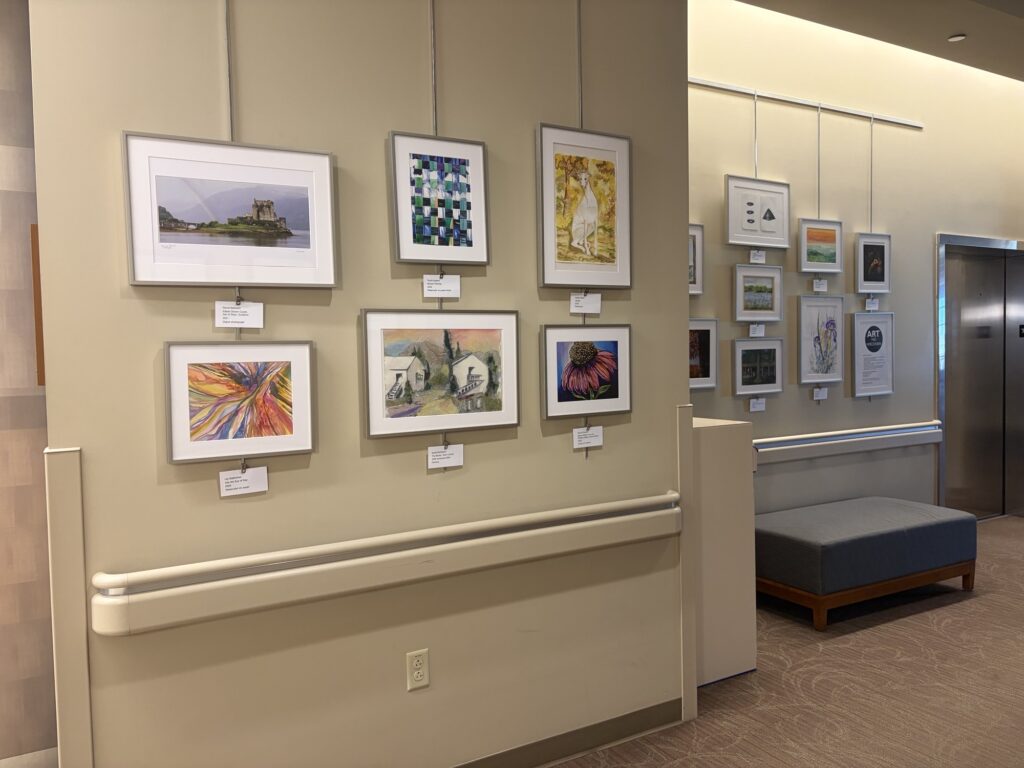 Art displayed in a hallway