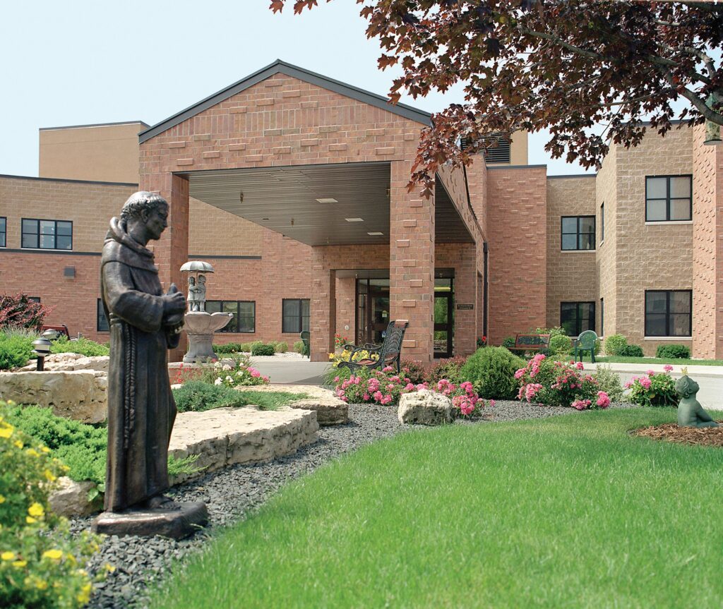 A courtyard with a statue