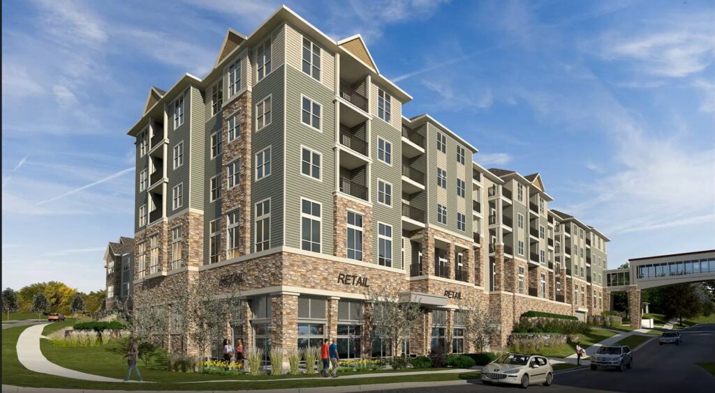 A rendering of an apartment building