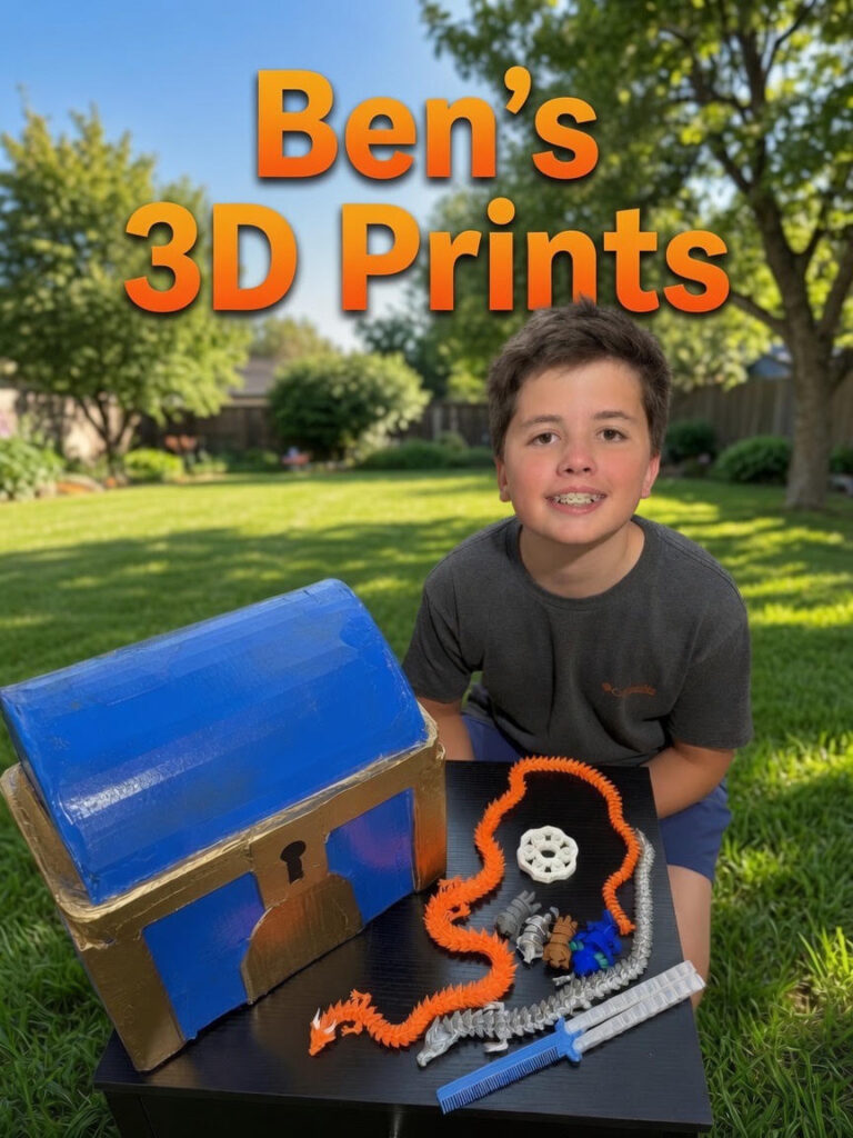 A young boy with plastic printed items
