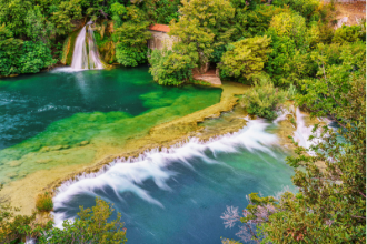 A waterfall and beach